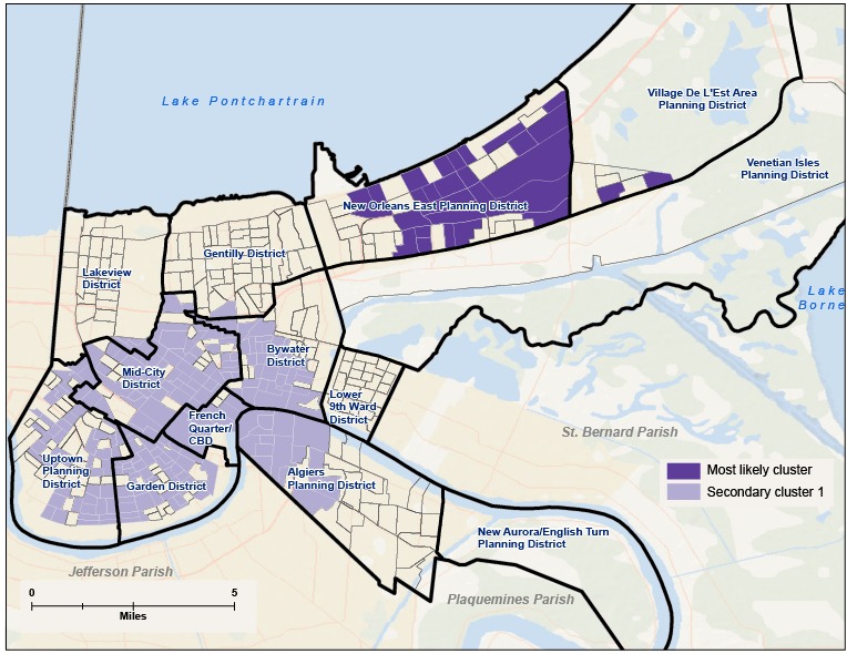 A map of New Orleans block groups showing significant clusters of hospitalizations for substance abuse disorders in 2004 (pre-Katrina). The most likely cluster was the New Orleans East area (316 block groups); it had a relative risk of 0.38 compared with the city as a whole. The next highest was central New Orleans with a relative risk of 1.83.