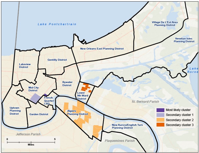 A map showing 4 significant clusters of hospitalizations for substance abuse disorders in New Orleans after Katrina (2008). Geographic patterns of hospitalizations shifted post-Katrina to the eastern corner of Mid-City (the neighborhood bordering the French Quarter and Central Business District) the Lower 9th Ward, Algiers, and the southeast corner of the Mid-City planning districts.