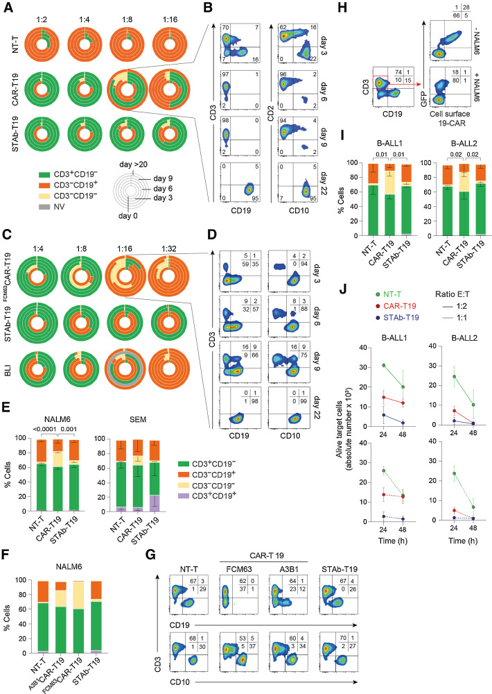 Figure 2. Leukemia escape from immune pressure. A and B, NALM6 cells were cocultured with NT-T, CAR-T19, or STAb-T19 cells at the indicated E:T ratios, and the relative percentage of CD3+CD19−, CD3−CD19+, and CD3−CD19− cells were measured by FACS. A, Results are shown as the mean of three independent experiments. B, Representative FACS dot plots of the CAR-T19 1:8 E:T ratio sample. Gray, nonviable (NV), in which number of cells in the culture was <500. C and D, NALM6 coculture as in A–B, with CAR-T19 bearing the anti-CD19 FMC63 scFv (FMC63CAR-T19), STAb-T19, or with NT-T cells in the presence of 100 ng/mL blinatumomab (BLI). One representative experiment out of two is shown. Dot plots (D) showing the cell populations cocultured at a 1:16 E:T ratio. E, The percentages of CD3+CD19−, CD3−CD19+, and CD3−CD19− and CD3+CD19+ NALM6 or SEM cell lines after 2 hours of coculture with A-T cells at a 2:1 E:T ratio. The results are means of 3 ± SD similar experiments. F and G, The percentages of CD3+CD19−, CD3−CD19+, CD3−CD19−, and CD3+CD19+ NALM6 cells after coculture with NT-T cells, CAR-T19 cells bearing the anti-CD19 FMC63 scFv (FMC63CAR-T19) or the anti-CD19 A3B1 (A3B1CAR-T19), or STAb-T19 cells. H, Representative dot plots showing the downmodulation of 19-CAR in A3B1CAR-T19 cells after 2 hours of coculture with NALM6 cells. One representative experiment out of three independent experiments is shown. I, The percentage of CD3+CD19−, CD3−CD19+, CD3−CD19−, and CD3+CD19+ primary human B-ALL cells from two different patients (B-ALL1 and B-ALL2, >90% of CD19+ B-ALL blasts) after coculture with primary A-T cells at a 2:1 E:T ratio. The results are means ± SD of 3 similar experiments. J, The number of alive (7AAD−) target B-ALL1 and B-ALL2 cells determined after 24- and 48-hour coculture with primary NT-T, CAR-T19, or STAb-T19 cells at 1:2 and 1:1 E:T ratios. Results are shown as mean ± SD from 3 experiments. Significance was calculated by an unpaired Student t test.