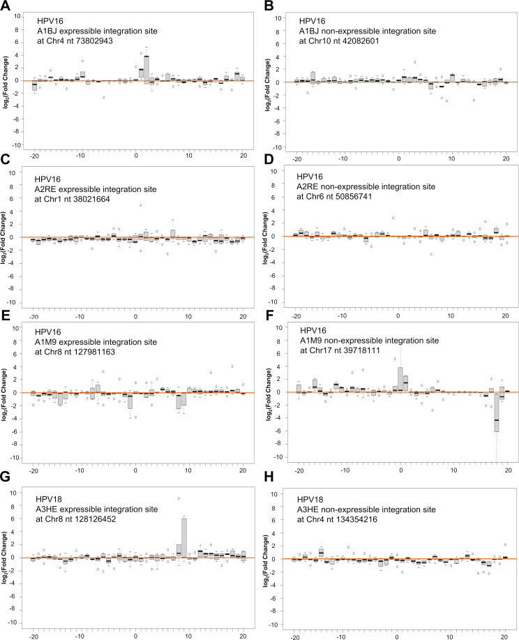 Eight illustrations feature the gene expression levels indicating HPV integrations in expressible and non-expressible integration sites for A1BJ, A2RE, A1M9, and A3HE.