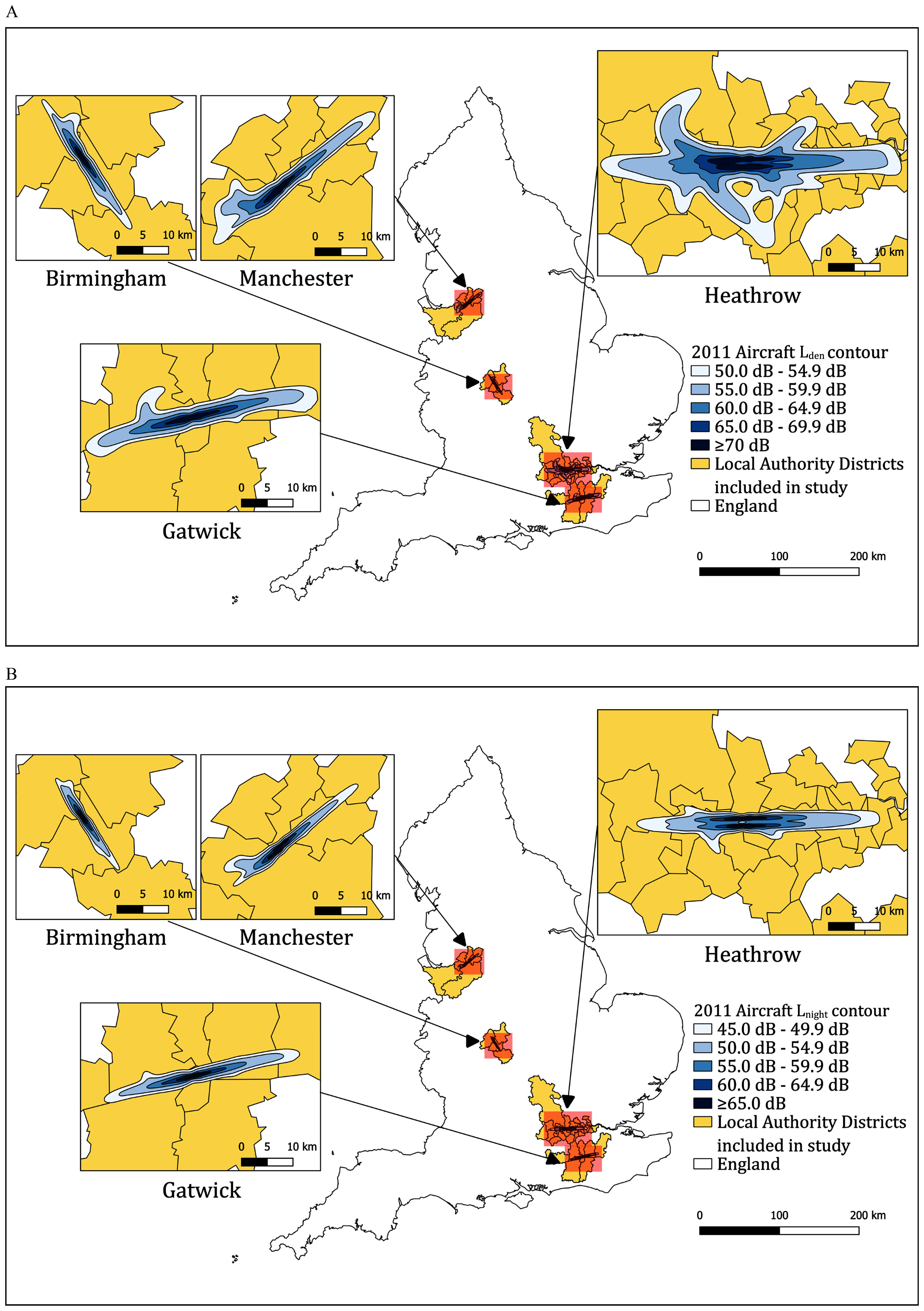 Figure 1A depicts a map of England with the Civil Aviation Authority’s day-evening noise level contours for four airports: Birmingham, Manchester, Gatwick, and Heathrow. A scale depicts kilometer ranges from 0 to 10 kilometers in increments of 5. The 2011 aircraft in day-evening noise level contour ranges as 50.0 decibels to 54.9 decibels; 55.0 decibels to 59.9 decibels; 60.0 decibels to 64.9 decibels; 65.0 decibels to 69.9 decibels; greater than or equal to 70 decibels; local authority districts included in study; and England. A scale depicts kilometers ranges from 0 to 200 in increments of 100. Figure 1B depicts a map of England with the Civil Aviation Authority’s night noise level contours for four airports: Birmingham, Manchester, Gatwick, and Heathrow. A scale depicts kilometer ranges from 0 to 10 kilometers in increments of 5. The 2011 aircraft in night noise level contour ranges as 45.0 decibels to 49.9 decibels; 50.0 decibels to 54.9 decibels; 55.0 decibels to 59.9 decibels; 60.0 decibels to 64.9 decibels; greater than or equal to 65.0 decibels; local authority districts included in study; and England. A scale depicts kilometers ranges from 0 to 200 in increments of 100.