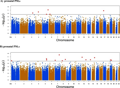 Figure 1 A and B are Manhattan plots plotting negative log sub 10 with p values ranging between 0 and 8 (y-axis) across chromosome (from 1 to 22) (x-axis) for prenatal PM sub 10 and prenatal PM sub 2.5, respectively.