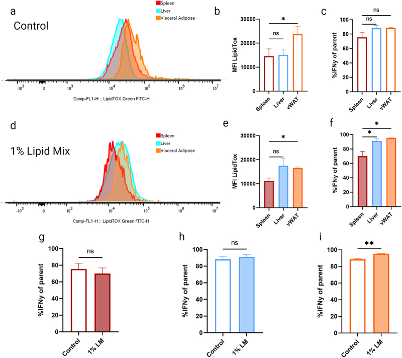 Flow cytometry histograms and bar graphs showing lipid accumulation and IFN-γ expression in spleen, liver and visceral adipose tissue under control and 1% lipid mix conditions. Panels a and d depict LipidTOX fluorescence intensity in control and 1% lipid mix, respectively. Panels b and e show mean fluorescence intensity (MFI) of LipidTOX, with significant increases in the liver and visceral adipose under lipid mix. Panels c, f, g, h and i display percentages of IFN-γ positive cells across tissues, with significant differences in f and i.