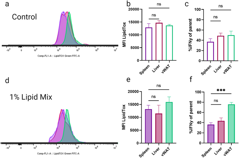 Flow cytometry histograms and bar graphs showing the effects of control and 1% lipid mix on lipid accumulation and IFN-γ expression in spleen, liver and visceral white adipose tissue (vWAT). Panels a and d display LipidTOX fluorescence intensity for control and 1% lipid mix, respectively. Panels b and e quantify mean fluorescence intensity (MFI) of LipidTOX in different tissues, and panels c and f show percentages of IFN-γ positive cells. Significant differences are marked in panel f for vWAT under 1% lipid mix.