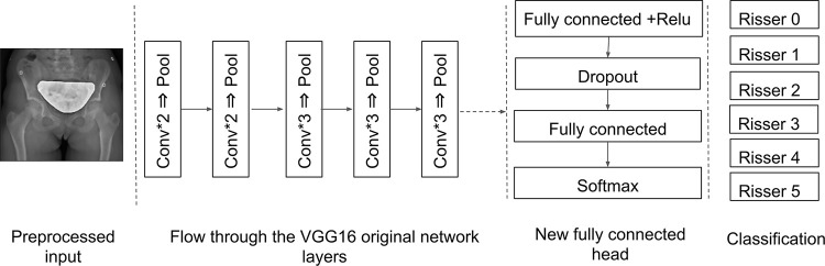 Feature extraction and classification workflow with convolutional neural networks. The output of the proposed method is the Risser grade (0–5). Conv = convolution, Relu = rectified linear unit.