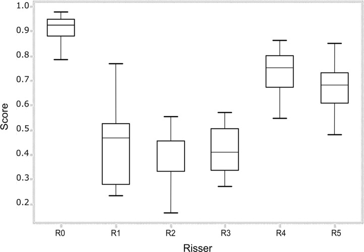 (a) Performance of each observer (Obs) in grading the test set. (b) Performance of all the observers for each Risser stage (R0–R5). The score represents the fraction of answers in agreement with the ground truth. The lower and upper quartiles are also shown.