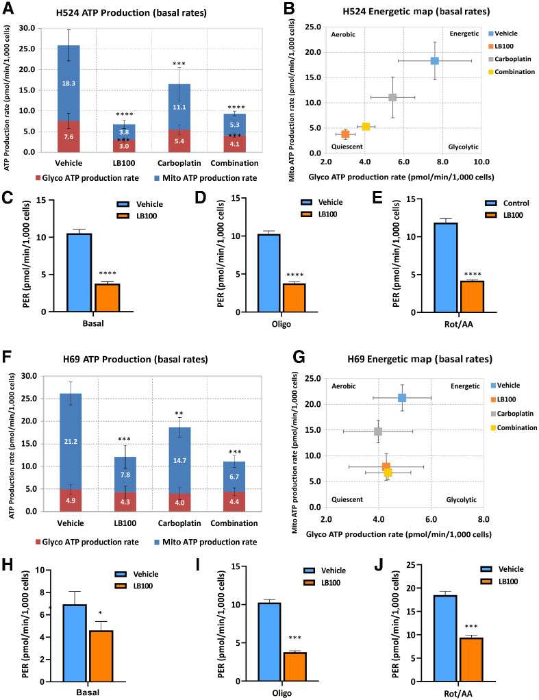 Figure 5. ATP production rate in SCLC cells. A, H524 cells were treated with LB100 (2.5 μmol/L), carboplatin (4 μmol/L), or a combination, and ATP production rate was measured using the Agilent Seahorse XF Real-Time ATP rate assay. mitoATP (mitochondrial) and glycoATP (glycolityc) rates were evaluated in H524 cells without and with drug treatments. All drug treatments significantly reduced mitoATP (top, blue) and glycoATP (bottom, red) production rates. B, Energetic map of H524 cells. After LB100 and drug combination, cells became less glycolytic. C–E, The Agilent Seahorse XF pH sensor probe measures changes in the concentration of free protons, which corresponds to ECAR. Real-Time ATP rate assay includes an improved metric, PER, which detects extracellular acidification from all sources. LB100 drastically reduced PER under basal conditions and after two injections of specific inhibitors of oxidative phosphorylation oligomycin (1.5 μmol/L) and antimycin (0.5 μmol/L)/rotenone (0.5 μmol/L). F, H69 cells were treated with LB100 (10 μmol/L), carboplatin (10 μmol/L), or a combination with LB100/carboplatin. ATP level in cells was measured using the Agilent Seahorse XF Real-Time ATP rate assay. LB100, carboplatin, and combination significantly reduced mitoATP. G, Energetic map of H69 cells. H–J, H69 cellular PER after LB100 treatment from glycolysis of basal and olygomycin and antimycin/rotenone injections. *, P < 0.05; **, P < 0.01; ***, P < 0.001; ****, P < 0.0001. Results were analyzed by ANOVA with Tukey post test (n = 2, six technical replicates).