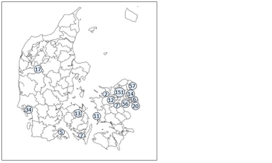 Figure 2. Map of Denmark showing the location of norovirus outbreaks related to green coral lettuce, April 2016. The map shows the outline of Denmark with its 98 Danish municipalities and the occurrence of outbreaks depicted as circles. The numbers indicate the combined number of patients within the area (n=412). Each circle may refer to more than one outbreak.