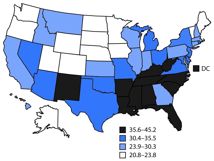 The figure is a map showing the age-standardized, state-specific percentage of severe joint pain among U.S. adults aged ≥18 years with arthritis according to the Behavioral Risk Factor Surveillance System during 2017.