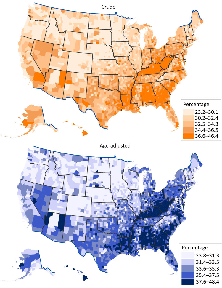 Map shows the geographic pattern of county-level model-based prevalence estimates in quintiles. Counties in the highest quintile were clustered in the Southeast and along the Appalachian Mountains.