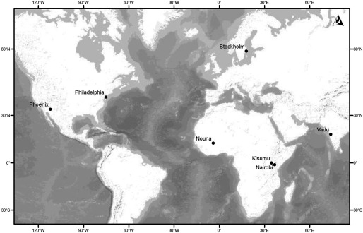 World map marking the following study sites: Phoenix, Philadelphia, Stockholm, Nouna, Kisumu, Nairobi, and Vadu.