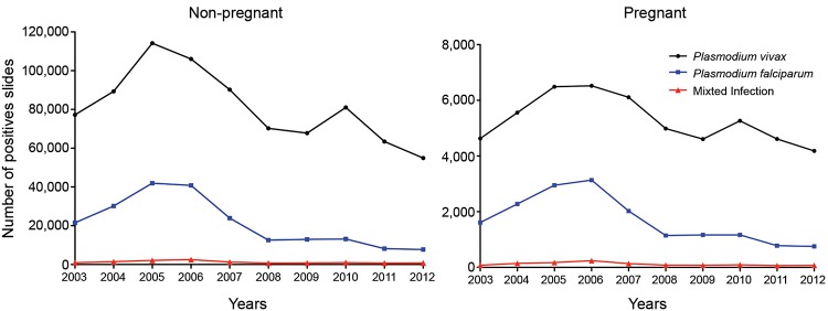 Number of positive slides by species, non-pregnant and pregnant women. Source:
Epidemiological Surveillance Information System-Malaria.