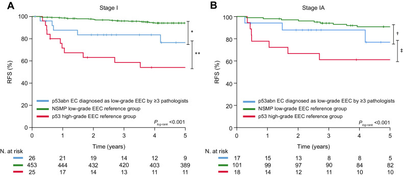 Figure 4. Kaplan–Meier survival curves for 5-year probability recurrence-free for cases assigned low-grade (grade 1–2) by ≥3 expert pathologists and stage I low-grade NSMP EEC and stage I high-grade p53abn EEC controls. Figure 4A shows the Kaplan–Meier survival curves for stage I p53abn low-grade EEC, NSMP low-grade EEC, and p53abn high-grade EEC. Figure 4B includes only stage IA cases. Differences in survival were assessed with the log-rank test: *, P = 0.003; **, P = 0.09; †, P = 0.14; ‡, P = 0.023.