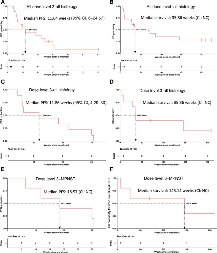 Figure 2. PFS and overall survival. Kaplan–Meier curves by RECIST version 1.1 for PFS and overall survival of 18 evaluable patients with advanced sarcoma who were previously treated (A and B); 9 patients at dose level 3 (C and D); and 5 patients with MPNST treated at dose level 3 (E and F). Probability of survival is shown at indicated time points and number of patients at risk at indicated time points are shown below the x-axis. NC, noncalculable.