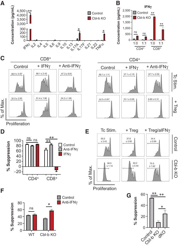 Figure 4. IFNγ hypersecretion by Cbl-b KO CD8+ T cells induces Treg resistance. A, Cytokine secretion profile of activated WT and Cbl-b KO CD8+ T cells. Supernatants were collected on day 3 after stimulation, and LEGENDplex cytokine array was performed (n = 3). B, IFNγ secretion by WT and Cbl-b KO T cells in the presence of Tregs. Supernatants from the Treg suppression assay were collected on day 3 after stimulation, and IFNγ ELISA was performed (n = 3). C, Proliferation of WT T cells cocultured with or without Tregs in the presence of IFNγ or anti-IFNγ (n = 3). D, The percentage suppression of WT CD4+ and CD8+ T cells for each stimulatory condition (n = 3). E, Proliferation of Cbl-b KO CD8+ T cells in the presence of Tregs, with or without anti-IFNγ (n = 3). F, The percentage suppression of WT and Cbl-b KO CD8+ T cells stimulated with or without anti-IFNγ (n = 3). G, Treg suppression assay comparing percentage suppression of WT, Cbl-b KO, and Cbl-b/IFNγ double KO CD8+ T cells in response to Tregs (n = 3). Statistical analyses were performed using Student t test (A and F), and ANOVA with Holm–Sidak test (B, D, and G; *, P < 0. 05; **, P < 0.01; ns, not significant).