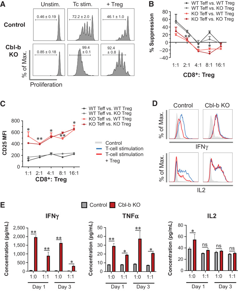 Figure 2. Cbl-b KO CD8+ T cells display resistance to Treg-mediated suppression. A, Proliferation of WT and Cbl-b KO CD8+ T cells in the Treg-suppression assay, analyzed on day 3 after stimulation (n = 3). B and C, The percentage of suppression (B) and CD25 expression (C) of WT and Cbl-b KO CD8+ at different Teff to Treg ratios (n = 3). D, Intracellular expression of IFNγ and IL2 by WT and Cbl-b KO CD8+ effector T cells in the presence of WT Tregs. After 24 hours of coculture, T cells were restimulated using PMA/ionomycin and Golgi block and were stained for CD8, IFNγ, and IL2 for flow cytometry. E, Cytokine secretion by WT and Cbl-b KO CD8+ T cells in the presence of Tregs. Supernatants from stimulated WT and Cbl-b KO CD8+ T cells in the presence (or absence) of Tregs were collected on days 1 and 3 after stimulation (n = 3). ELISAs were performed to assess secretion of IFNγ, IL2, and TNFα by CD8+ T cells. Statistical analyses were performed using repeated measure (B and C) or nonrepeated (E) two-way ANOVA with Holm–Sidak test (*, P < 0. 05; **, P < 0.01; ns, not significant).