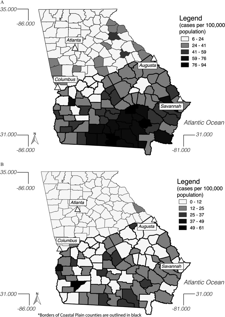 Figure 2a is a map of Georgia representing salmonellosis incidence for all serovars by county, with county colors corresponding to 6 to 24, 24 to 41, 41 to 59, 59 to 76, and 76 to 94 cases per 100,000 population. Figure 2b is a map of Georgia representing salmonellosis incidence for environmental serovars by county, with county corresponding to 0 to 12, 12 to 25, 25 to 37, 37 to 49, and 49 to 61 cases per 100,000 population. The four major cities of Georgia, which are Atlanta, Columbus, Augusta, and Savannah, are indicated on the map.