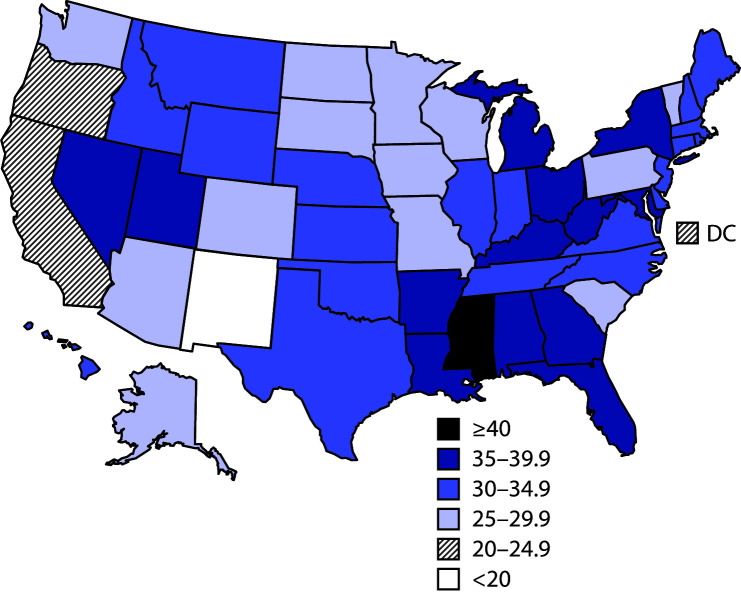 The figure is a map of the United States showing the percentage of children introduced to complementary foods before age 4 months among children aged 1–5 years in the United States during 2016–2018 according to the National Survey of Children's Health.