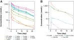 Figure 2. A, Preliminary dose 1 intact CX-2009 (solid lines) and total CX-2009 (dashed lines) median plasma concentrations (nmol/L) versus time (days) following administration of up to 10 mg/kg CX-2009 every 3 weeks. B, Preliminary dose 1 Probody-conjugated-DM4 (Pc-DM4), intact CX-2009, total CX-2009, DM4-Me, and free DM4 median plasma concentrations (nmol/L) versus time (days) following administration of 7 mg/kg CX-2009 every 3 weeks. DM4, N-succinimidyl 4-(2-pyridyldithio) butanoate-N2′-deacetyl-N2′-(4-mercapto-4-methyl-1-oxopentyl)-maytansine; DM4-Me, S-methyl DM4; Pc, Probody-conjugated.
