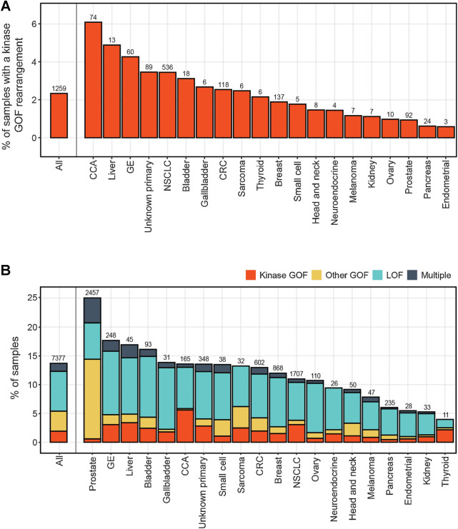 Figure 1. Prevalence of pathogenic rearrangements across different cancer types. A, Frequency of detection of GOF rearrangements in kinase genes across different cancer types. B, As in A, but including rearrangements that were categorized as GOF in nonkinase oncogenes, and LOF in tumor suppressor genes. Cancer types with >200 LBx profiled are shown. Number above each bar corresponds to the number of cases with detected fusions. CUP, carcinoma of unknown primary; GE, gastroesophageal cancer.