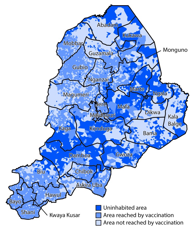 The figure above is a map of Nigeria showing polio vaccination coverage, by area, in the country’s Borno State during August 2016–October 2017.