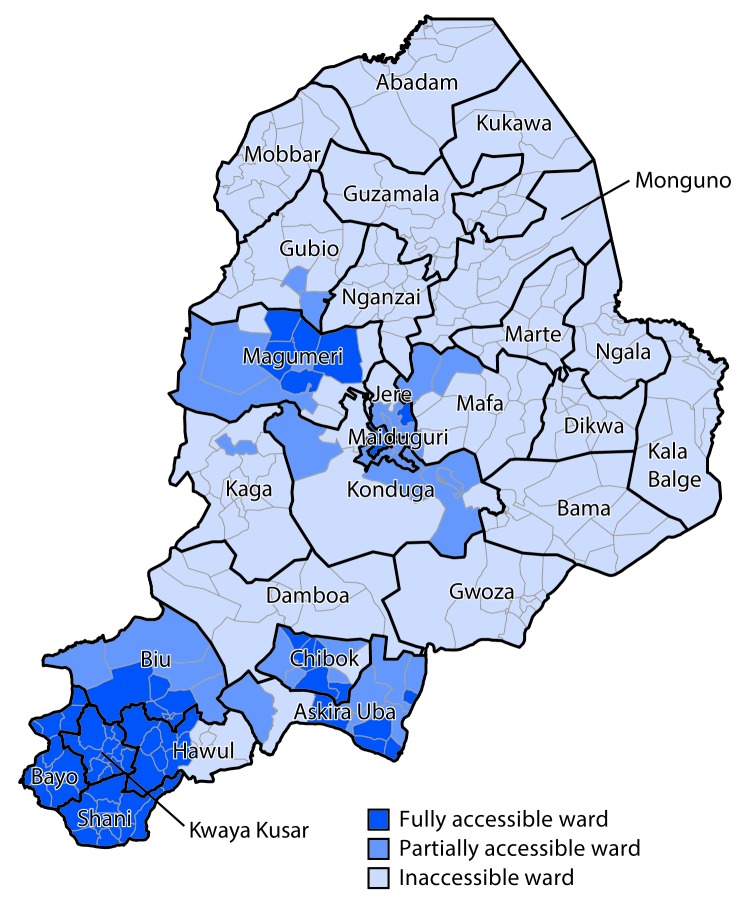 The figure above is a map of Nigeria showing the accessibility of local government areas, by ward, to polio eradication program personnel in the country’s Borno State in September 2015.