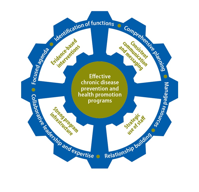 Elements of the conceptual models are arranged in a wheel shape. At the center or hub is the goal: effective chronic disease prevention and health promotion programs. Four activities surround the hub: consistent communication and messaging; strategic use of staff; strong program infrastructure; and evidence-based interventions. On the outer rim are the 6 components of leadership and management: a focused agenda; identification of functions; comprehensive planning; managed resources; relationship building; and collaborative leadership and expertise.