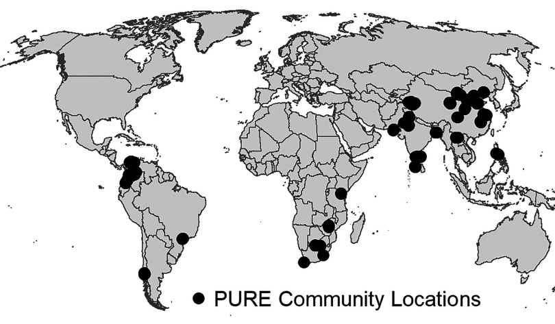 Figure 1 is a world map marking PURE community locations. The locations are scattered around parts of China, parts of India, in the east and south of Africa, and parts of South America.