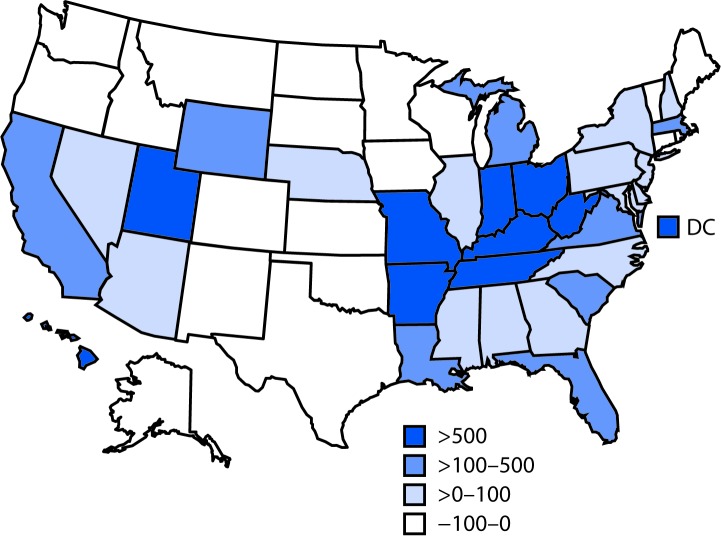 The figure is a map showing the percent change in reported hepatitis A infections in the United States, during 2013–2015 and 2016–2018, using data from the National Notifiable Diseases Surveillance System.