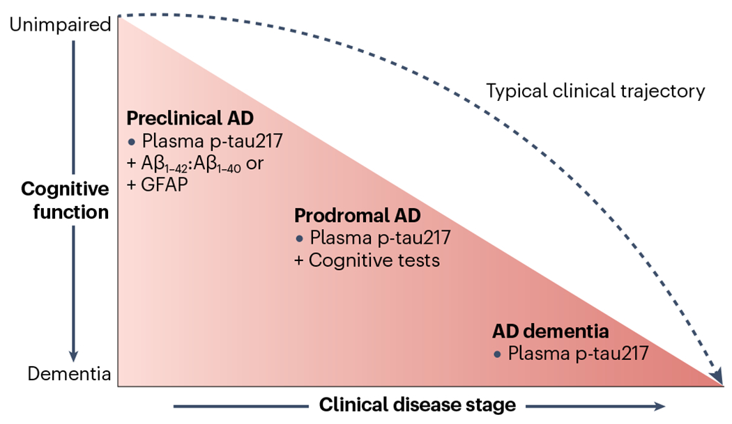 Most promising blood-based biomarkers for AD by disease stage.