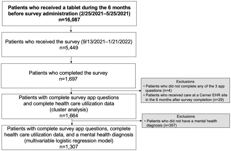 Flow diagram depicting the sampling frame, sample, exclusions, and number of patients included in the analyses.