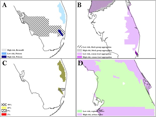 Map of unidentified areas (to protect privacy) in South Florida showing clusters of communities at high risk for colorectal cancer. See text for description of what the maps show.