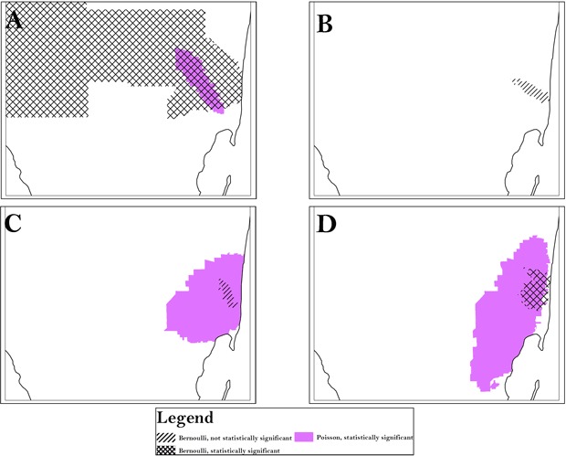 Map of unidentified areas (to protect privacy) in South Florida showing clusters of communities at high risk for colorectal cancer. See text for description of what the maps show.