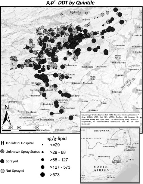 Spatial distribution map of South Africa indicating sites with exposure to p,p’-DDT by quintile.