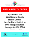 Figure 2 is a poster that displays the text that reads, Washtenaw County Health Department. Public health order. By order of the Washtenaw County Health Officer, this facility is limited to 50 percent occupancy load through April 5, 2020. Michigan Public Health Code, Public Act 378 of 1978. At the bottom, on the left, the logo of Washtenaw County Health Department is present, at the center, contact information: Washtenaw dot org forward slash covid19, 734-544-6700 is present. On the right, social media link: at wcpublichealth in Facebook, Twitter, and Instagram is present.