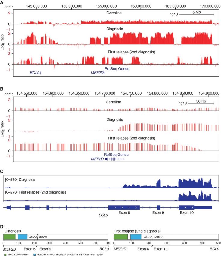 Figure 3. CNAs and MEF2D-BLC9 rearrangements in patient SJBALL006. Signal intensity from Affymetrix SNP6.0 microarrays was normalized to log2 ratio (>0 indicate copy gain; <0 indicate copy loss) and shown in the University of California, Santa Cruz Genome Browser in large (A) and focal scale (B) to show the distinct alteration patterns between diagnosis and “relapse” (second diagnosis) samples. Constitutional copy number gains were observed in the germline sample. C, RNA-seq depth on exons of BCL9 gene. The sequencing depth was scaled from 0- to 270-fold for both diagnosis samples. The uptick of expression of exon 9 and 10 was observed for first and second diagnosis samples, respectively, indicating different rearrangement breakpoints on BCL9, which was consistent with fusions called from RNA-seq. The RNA-seq library for the first diagnosis sample was total RNA, so the intronic region was covered by sequencing reads. D, Schematic visualization of MEF2D-BCL9 chimeric protein structure. Two fusion isoforms have been reported as the most recurrent MEF2D-BCL9 rearrangements (30).