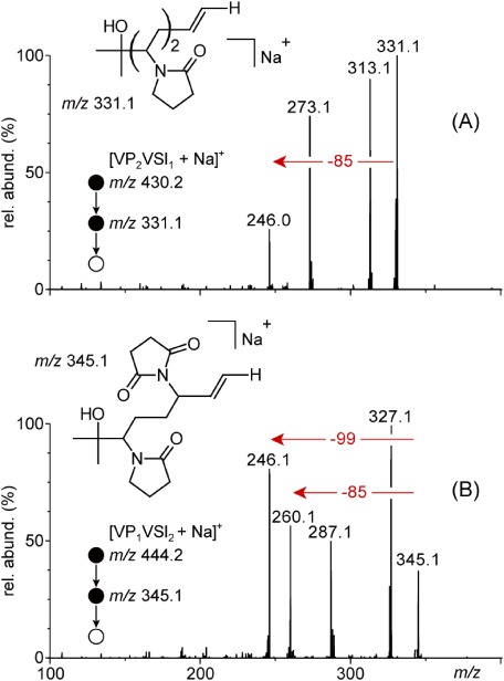 Fig. 6. ESI-MS3 of the [M+Na−99 Da]+ product ions formed upon the release of succinimide from A) VP2SI1 at m/z 430.2 yielding m/z 331.1 and B) VP1SI2 at m/z 444.2 yielding m/z 345.1. The proposed structures of the dissociating species are depicted in insets.