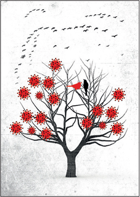 Conceptual illustration of a tree with coronavirus particles and birds flying away.