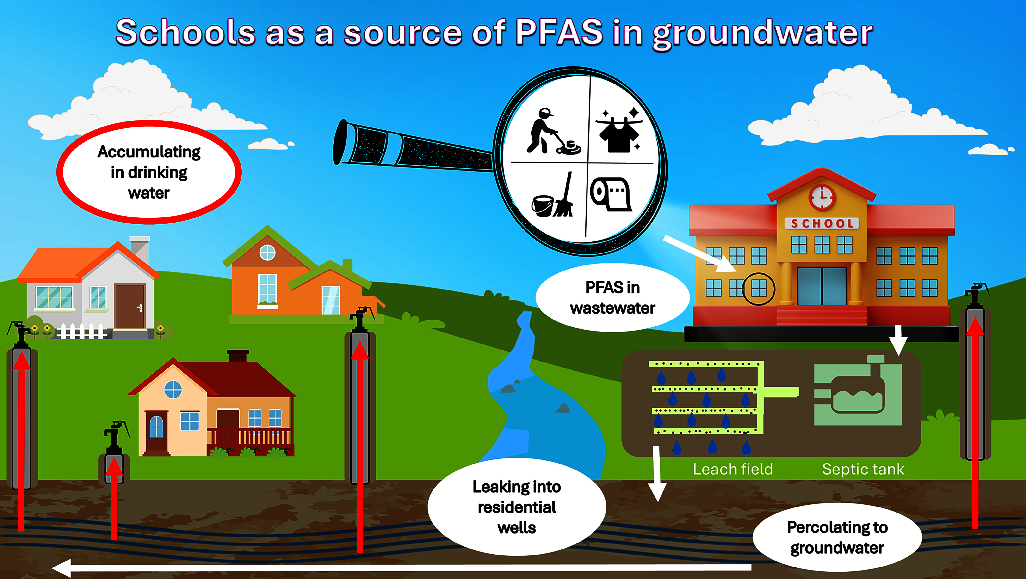 Figure 1 is an infographic titled “Schools as a source of per- and polyfluoroalkyl substances in groundwater,” illustrating how per- and polyfluoroalkyl substances enter and affect the environment. On the right, a school building is shown as the primary source, with wastewater containing per- and polyfluoroalkyl substances (depicted by icons of floor waxing, laundry, toilet paper and cleaning supplies) flowing into a septic system. Below the school, the septic tank and leach field are shown leaking per- and polyfluoroalkyl substances into the surrounding soil, eventually percolating into groundwater. Groundwater contamination is represented by arrows directing the flow toward residential wells and homes on the left. Residential homes are shown with taps labeled “Accumulating in drinking water,” emphasizing the impact on human water consumption. A magnifying glass highlights various sources of per- and polyfluoroalkyl substances in wastewater. A central stream symbolizes environmental contamination spreading from groundwater sources. The diagram uses shades and arrows to effectively demonstrate the contamination pathway from a school to drinking water systems.