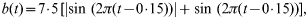 b\lpar t \rpar \equals 7\! \cdot\! 5\,\lsqb {\left\vert {\sin \, \lpar {2\pi \lpar {t \minus 0\! \cdot\! 15} \rpar} \rpar} \right\vert \plus \sin \, \lpar {2\pi \lpar {t \minus 0\! \cdot\! 15} \rpar} \rpar} \rsqb\comma