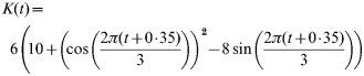 \eqalign{\tab K \lpar t \rpar \equals\cr\tab\enspace 6\left(\hskip-2 10 \plus\hskip-1 \left(\hskip-2{\cos \left( {2\pi \lpar {t \plus 0\! \cdot\! 35} \rpar} \over 3}} \right)}\! \right)^{\setnum{2}} }\right \hskip-1\left \minus 8\sin \left( {{{2\pi \lpar {t \plus 0\! \cdot\! 35} \rpar} \over 3}} \right)}\!\right)}