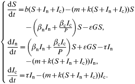 \left\{ \openup 2pt{\matrix { {\displaystyle { {{\rm d}S} \over {{\rm d}t}} \equals b\lpar {S \plus I_{\rm n} \plus I_{\rm c} } \rpar \minus \lpar {m \plus k\lpar {S \plus I_{\rm n} \plus I_{\rm c} } \rpar \rpar} S}\hfill \cr \qquad\ {\minus \left( {\beta _{\rm n} I_{\rm n} \plus {\displaystyle{\beta _{\rm c} I_{\rm c} } \over P}} \right)S \minus \epsiv GS\comma } \hfill \cr {\displaystyle{{{\rm d}I_{\rm n} } \over {{\rm d}t}} \equals \left( {\beta _{\rm n} I_{\rm n} \plus {{\beta _{\rm c} I_{\rm c} } \over P}} \right)S \plus \epsiv GS \minus \tau I_{\rm n}}\hfill \cr \qquad\ { \minus \lpar {m \plus k\lpar {S \plus I_{\rm n} \plus I_{\rm c} } \rpar} \rpar I_{\rm n} \comma } \hfill \cr {\displaystyle{{{\rm d}I_{\rm c} } \over {{\rm d}t}} \equals \tau I_{\rm n} \minus \lpar {m \plus k\lpar {S \plus I_{\rm n} \plus I_{\rm c} } \rpar} \rpar I_{\rm c}.} \hfill \cr} } \right.