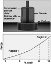 Schematic of bulk gels compression setup (a), and representative force–% strain curve for alginate compression data to 10% strain (b). Two linear regions are shown, 1–4% strain and 8–10% strain. Region 2 was used to calculate Young's modulus within these studies to provide a stronger signal with less influence from noise.
