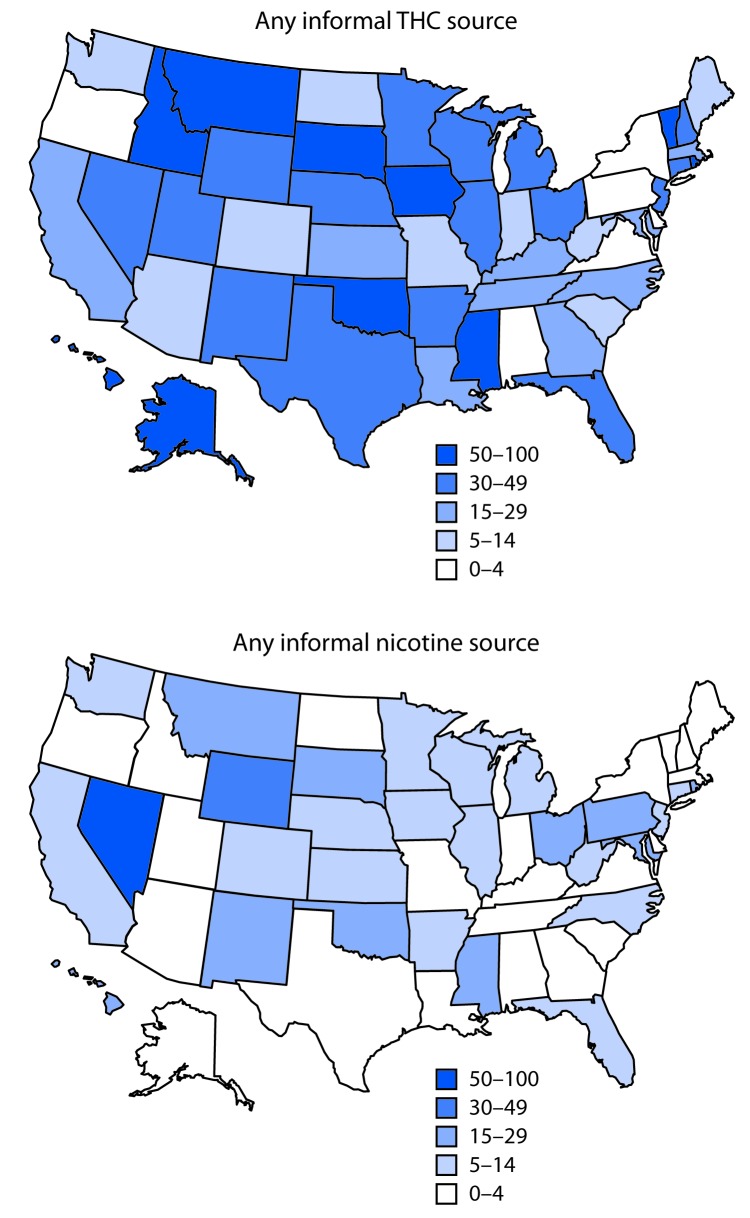 The figure consists of two maps of the United States, one indicating percentage of hospitalized e-cigarette, or vaping, product use–associated lung injury (EVALI) patients reporting informal THC-containing product sources, and the other indicating percentage of EVALI patients reporting informal nicotine-containing product sources, by state, during August 2019–January 2020.