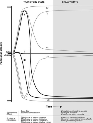 Box 1. Projected qualitative changes in relative population densities during the transitory and steady state phases of eight population scenarios