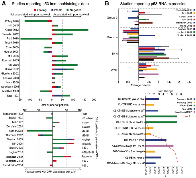 Figure 1. A, Previous studies reporting p53 protein levels in medulloblastoma samples. Top, Previous studies reporting p53 immunostaining in human medulloblastoma samples and association with survival outcomes. Bottom, Previous studies with p53 immunostaining in human medulloblastoma samples and association with clinicopathologic parameters (CPP). B, Previous studies reporting p53 RNA levels in medulloblastoma samples. Top, Average z-score distribution of p53 mRNA levels in medulloblastoma subgroups. Bottom, Fold change in p53 mRNA expression in different pathologic medulloblastoma conditions. PCNA, proliferating cell nuclear antigen; LI, labeling index; CL, classic; DM, desmoplastic; Chr, chromosome; CTNNB1, β-catenin; M0, no evidence of distant metastases; M1, distant metastases present.