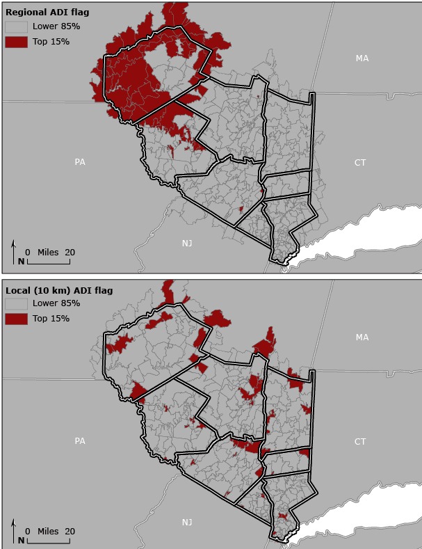 This figure contains 2 maps, each depicting 8 counties in the Hudson Valley, New York. The first map shows the zip code tabulation area (ZCTA) area deprivation index (ADI) values dichotomized (top 15% and bottom 85%) based on regional values. The overall trend is that ZCTAs in the northwestern portion of the study area, mostly in Sullivan and Delaware counties, have a high level of deprivation. The second map shows the same study area, but uses the dichotomized ADI values based on local 10-km calibration. The results illustrate ZCTAs with high levels of deprivation are more evenly dispersed throughout the study area.