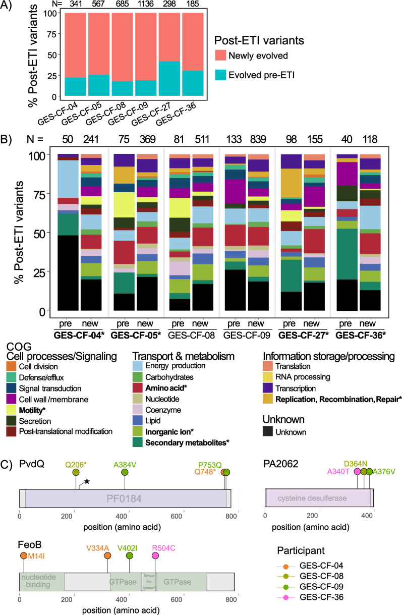 Images A through C show the distribution of functional categories of variants pre- and post-ETI, as well as specific genes repeatedly mutated post-ETI in multiple study participants.