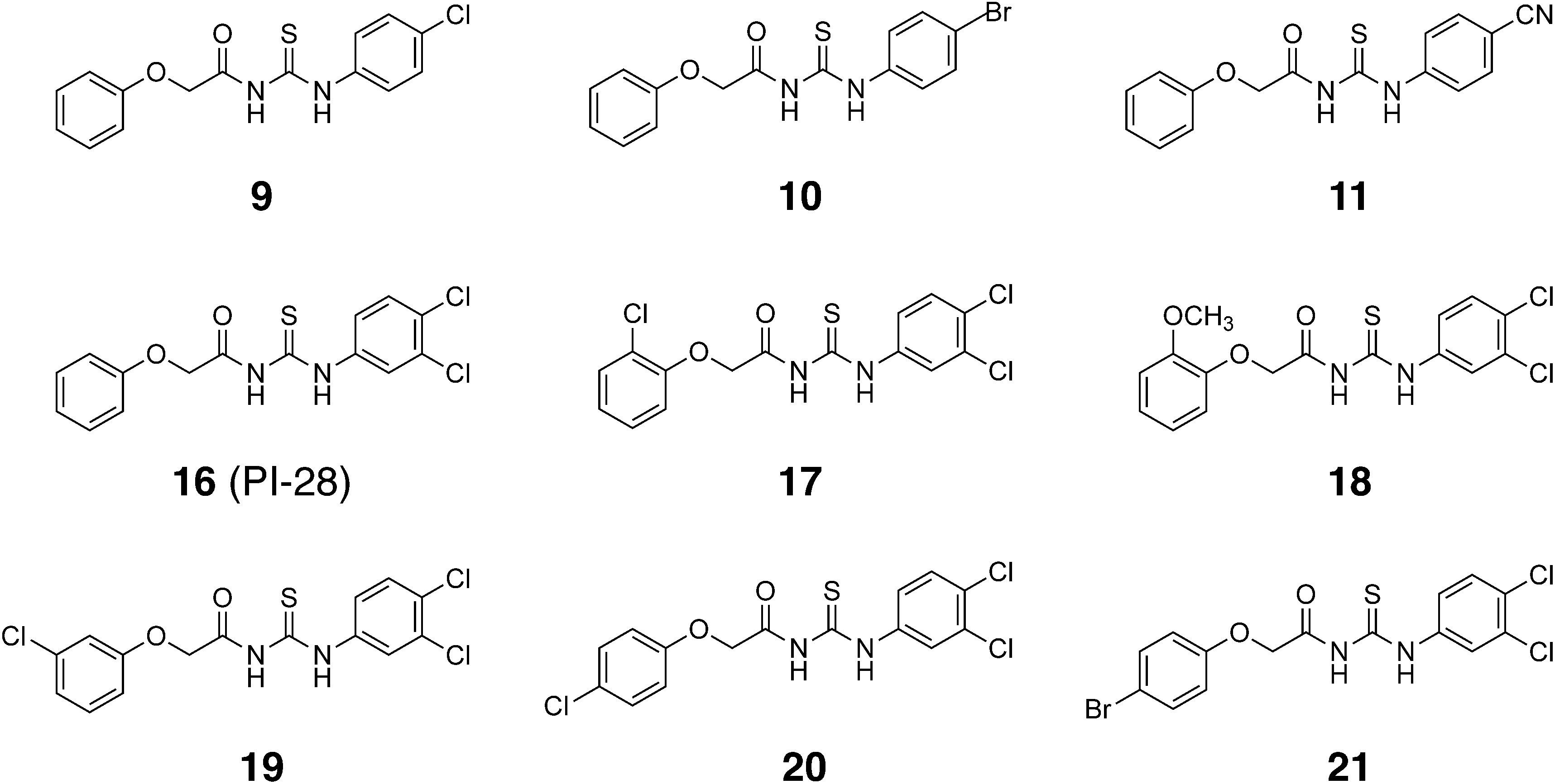 Fig. 3. The structures of the aryloxyacetylthioureas exhibiting high inhibitory effects toward the radicle elongation of O. minor. These compounds reduced the O. minor radicle lengths to less than 30% of the control.