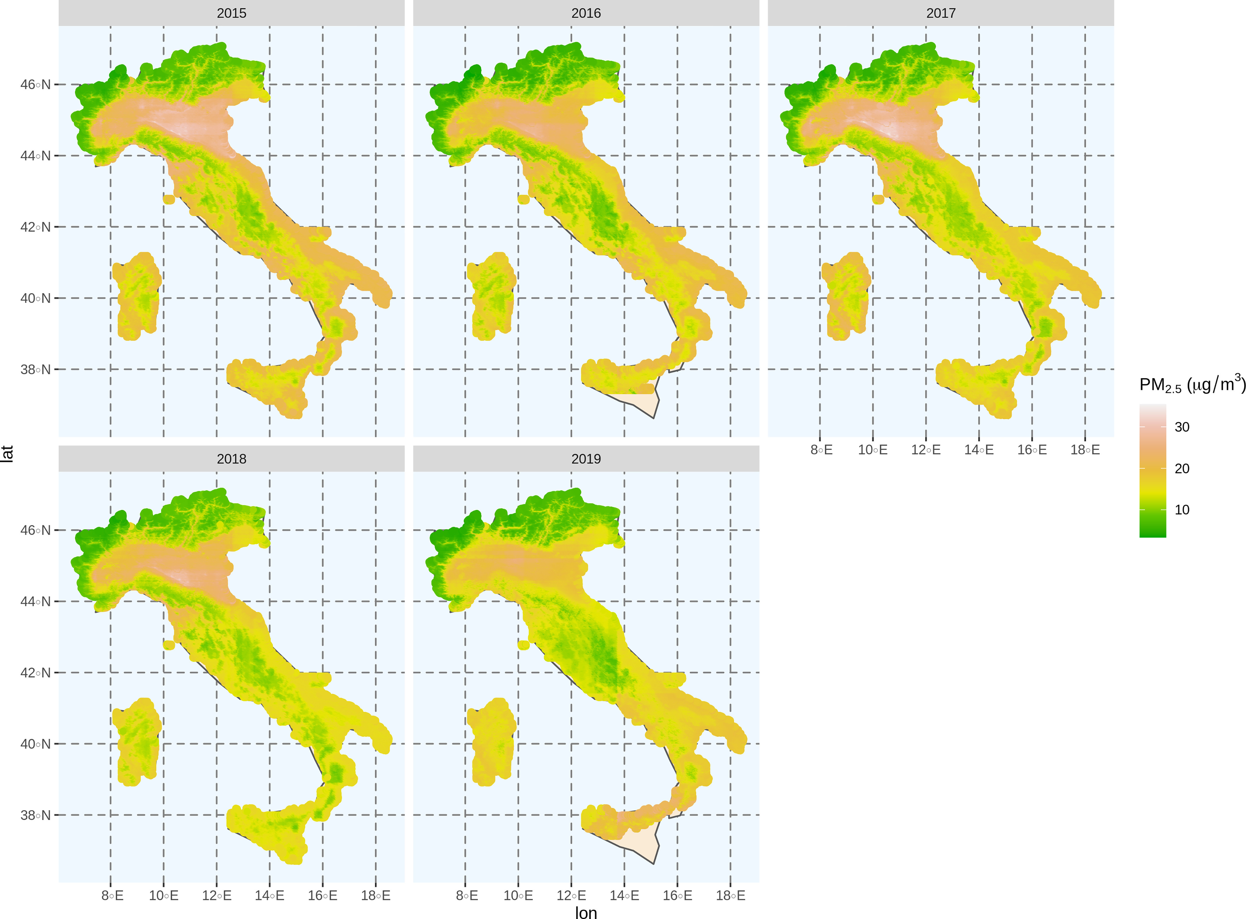 Figure 3 is a set of 5 maps of Italy from the year 2015 to 2019 depicting estimated annual average concentrations of particles. A scale depicting particulate matter begin subscript 2.5 end subscript (microgram per meter cubed) is ranging from 10 to 30 in increments of 10.